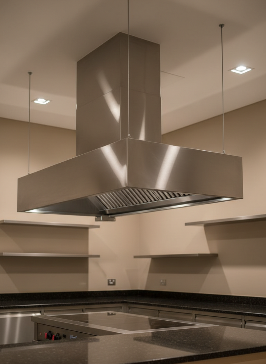 A polished photographic view of a completed, high-end open-plan commercial kitchen within a modern hospitality venue, centered on a large, custom island stainless steel range-hood suspended from the ceiling. The hood features integrated baffle filters, discreet linear LED task lighting, and smooth, uninterrupted stainless cladding that extends up into a boxed-in duct chase. The surrounding space includes dark stone benchtops, neutral walls, and minimalistic shelving, all kept slightly out of focus to emphasize the ventilation feature. Soft, diffused ceiling lighting combines with the hood’s own integrated lights to create bright, even illumination over the cooking area, with subtle reflections shimmering across the metal. Shot at eye level using the rule of thirds, the image communicates premium quality, seamless integration, and aesthetic sensitivity alongside functional extraction performance.