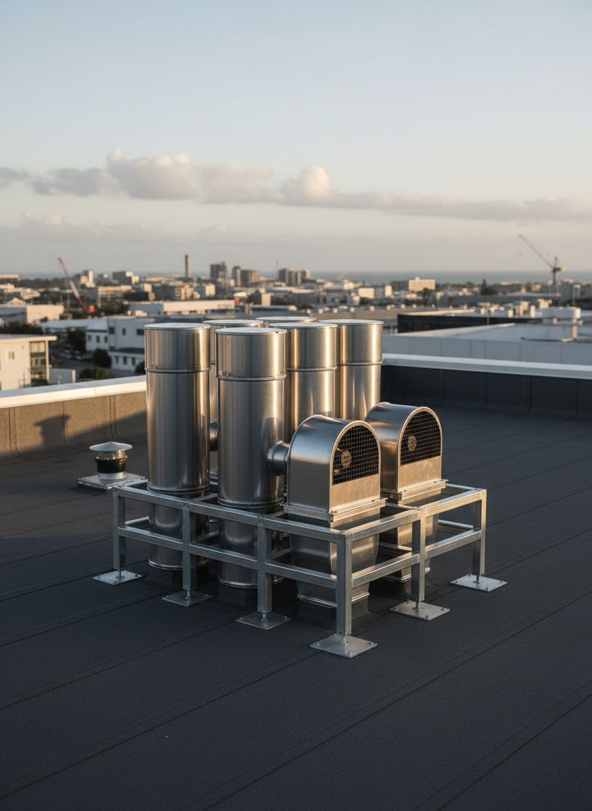 A refined photographic exterior rooftop scene showing the final stage of a commercial extraction installation. Multiple stainless and galvanized steel duct risers emerge from a flat membrane roof, feeding into a compact array of roof-mounted extraction fans and weather cowls. All penetrations are neatly flashed, with supports and seismic bracing aligned in a logical grid. In the distance, a subtle suggestion of Auckland’s low-rise industrial skyline and soft coastal clouds sits out of focus. Late afternoon neutral daylight creates gentle, even illumination with soft shadows extending across the roof surface, emphasizing clean lines and build quality. Captured from a slightly elevated, three-quarter angle, the mood is confident and reliable, underscoring complete design-through-install capability and long-term performance in challenging outdoor conditions.
