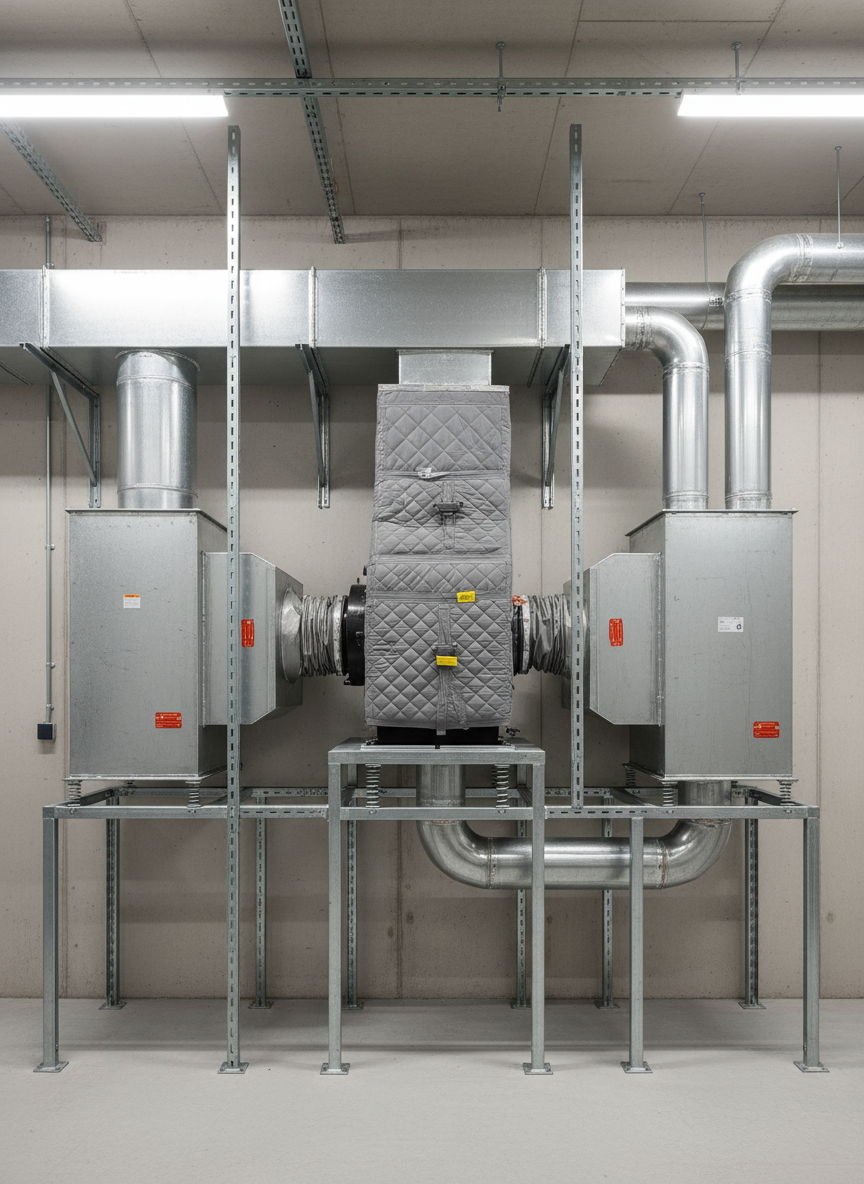 A technical photographic composition of a plant-room style space housing the heart of a commercial ventilation system. A large centrifugal extraction fan, insulated duct silencers, and a network of rectangular and round ducts are mounted on vibration-isolated frames against a clean, painted concrete wall. Each component is aligned with precise supports, flexible connections, and access panels, visually explaining the engineered airflow path. Neutral white LED lighting from above creates clear, shadow-free visibility, with small specular highlights on metal fasteners and duct seams. Captured from a straight-on, slightly wide-angle viewpoint with sharp focus throughout, the image feels methodical and engineered, conveying reliability, acoustic control, and airflow performance within a professional, no-nonsense mechanical environment.
