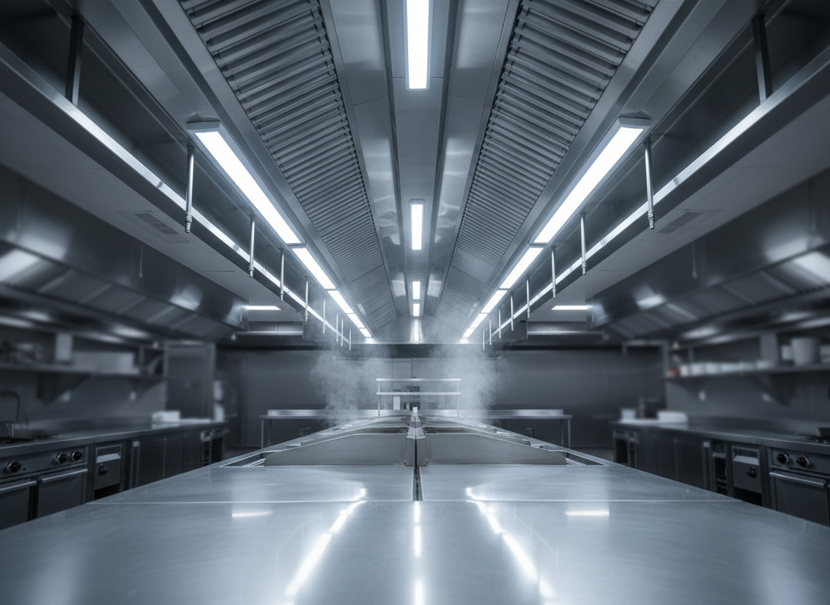 A dramatic, low-angle photographic shot of a large commercial kitchen extraction canopy spanning multiple cooking lines, emphasizing its scale and airflow capacity. The stainless steel hood stretches across the frame, with deep plenums, evenly spaced baffle filters, and continuous intake slots leading into concealed ducting. Subtle steam plumes rise into the canopy area, immediately captured and drawn upward, visualizing effective extraction without clutter or people. Cool, bright task lighting from within the hood casts a clean glow over the cooking surface, while the rest of the kitchen recedes into a softly blurred, darker background. The mood is powerful and controlled, with crisp reflections and defined edges reinforcing the system’s performance and the professionalism of the end-to-end installation.