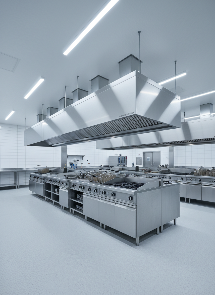 A wide, high-resolution photographic view of a modern commercial kitchen showcasing a continuous run of Auckland-made stainless steel range-hoods and overhead extraction canopies. The brushed stainless surfaces are perfectly aligned over gleaming cooking equipment, with precise seams, smooth welds, and integrated ducting disappearing cleanly into the ceiling. The environment is spotless and well-organized, with tiled walls and a polished, light-colored epoxy floor. Cool, even LED ceiling lighting creates crisp reflections on the metal, emphasizing craftsmanship and cleanliness. Captured at eye level with sharp focus throughout, the composition leads the eye along the line of hoods toward a softly blurred background of additional ventilation runs, conveying reliability, scale, and professional installation quality in a calm, controlled atmosphere.