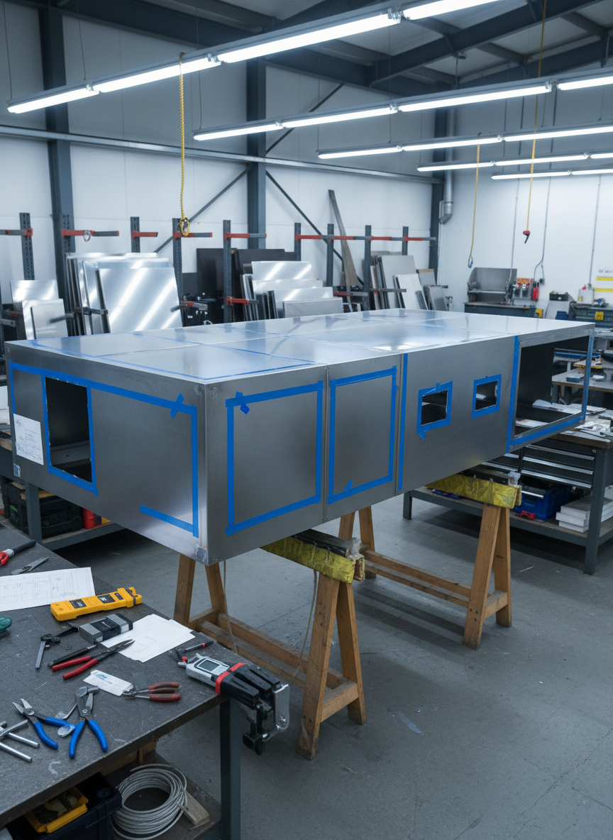 A photographic scene inside a clean Auckland metal fabrication workshop, focusing on a partially assembled stainless steel extraction canopy resting on padded trestles. Large flat panels with protective plastic film partially peeled back reveal pristine brushed stainless beneath, while precision-folded edges and cutouts indicate where filters, lighting, and duct collars will be installed. Around the canopy, neatly arranged tools, jigs, and measuring equipment sit on a sturdy workbench, with organized sheet metal racks in the softly blurred background. Overhead fluorescent and LED task lights cast even, cool-toned illumination, creating crisp highlights along folds and subtle shadows under the canopy. Captured from an elevated three-quarter angle, the composition emphasizes the manufacturing process and craftsmanship, with a calm, focused, professional workshop atmosphere.